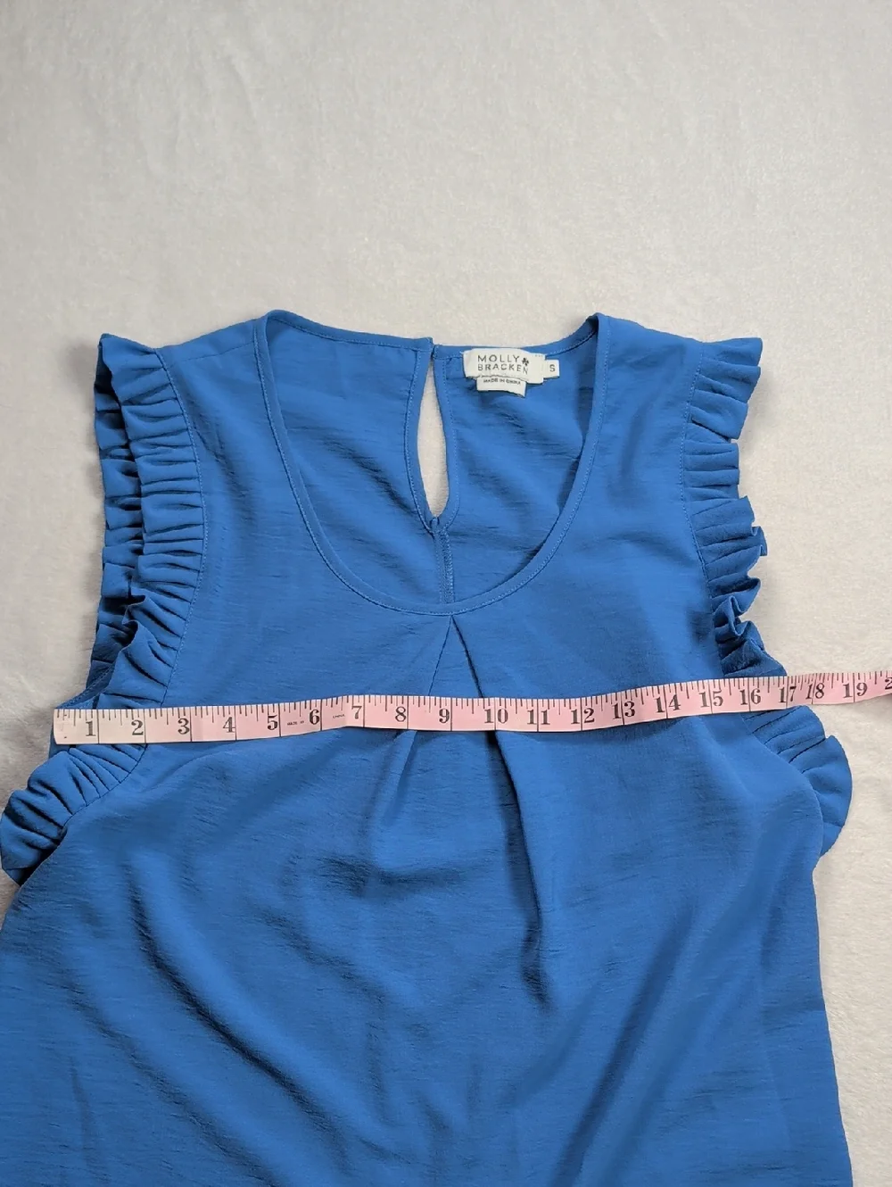 Molly Bracken Blue Ruffle Sleeve Pleated Neckline Blouse, Size S - Picture 4 of 10